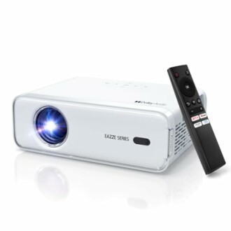 White portable projector with remote control