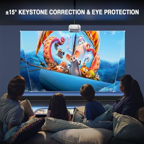 Family watching animated movie with projector displaying keystone correction.