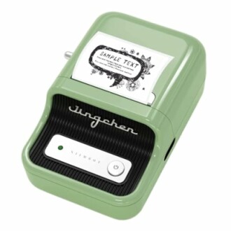 Green retro label maker with sample text displayed