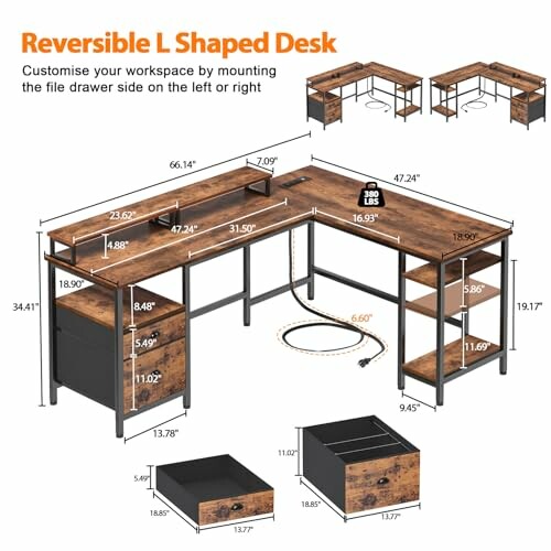 Reversible L-shaped desk with measurements and storage options.