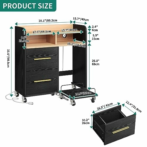 Black rolling storage cabinet with dimensions and removable drawer.
