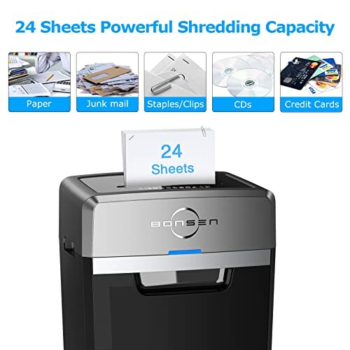 Paper shredder with 24 sheets capacity and icons for paper, junk mail, staples, CDs, and credit cards.