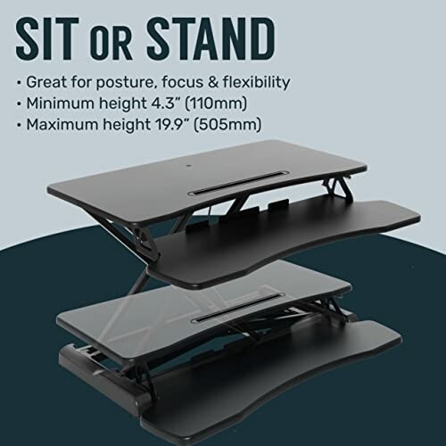 Adjustable sit or stand desk converter with flexible height settings.