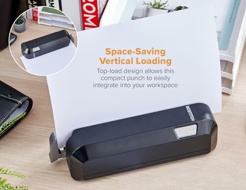 Space-saving vertical loading paper punch on a desk.