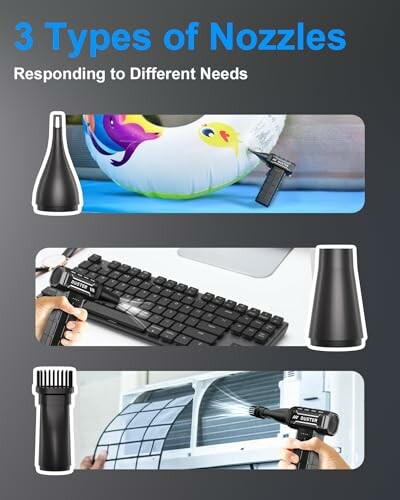 Three types of nozzles for various needs, including cleaning a swimming ring, keyboard, and air filter.