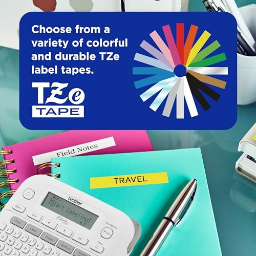 Variety of colorful TZe label tapes with label maker and notebooks.