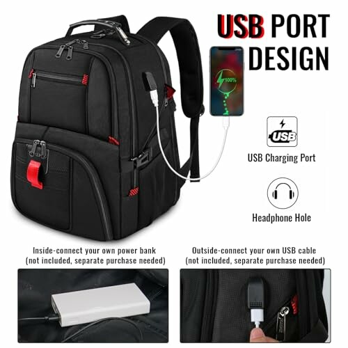 Black backpack with USB port and headphone hole.