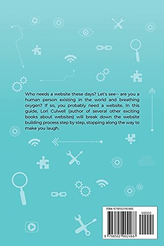 Back cover of a book about website building with icons and a humorous description.