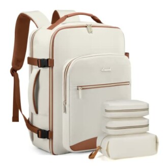 White travel backpack with matching accessory bags.