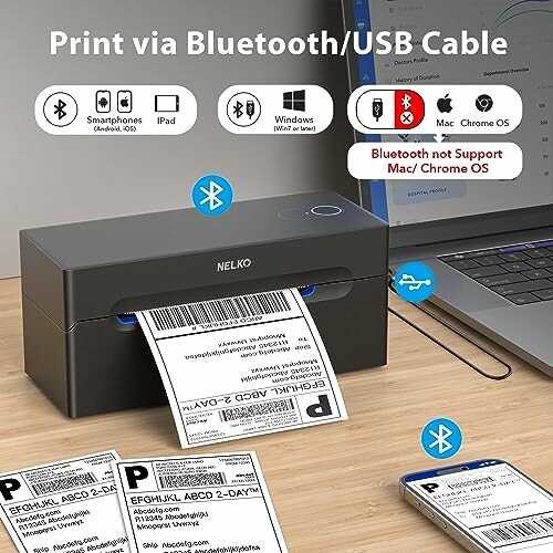 Wireless label printer with Bluetooth and USB connectivity options.