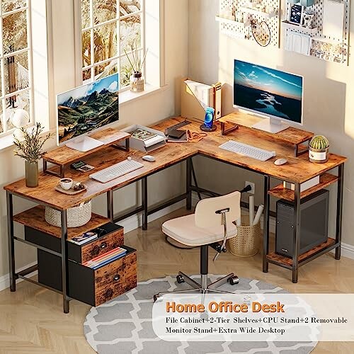 L-shaped wooden home office desk with multiple monitors and storage.
