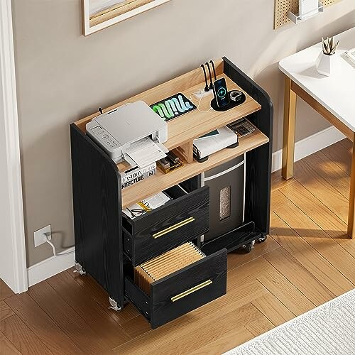 Wooden office storage cabinet with printer and open drawers.